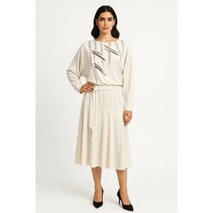 Vintage 1980s Riccardo White Batwing Dress Sequin Geometric Design medium